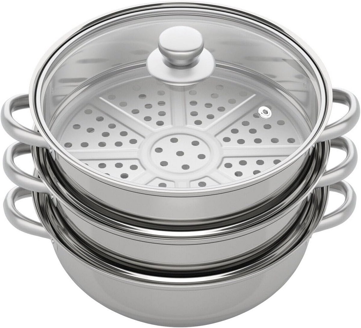 Stoompan Set - Kookpot 3 Delen - Gezond Koken - Drielaags Design - 28 Centimeter - Zilver