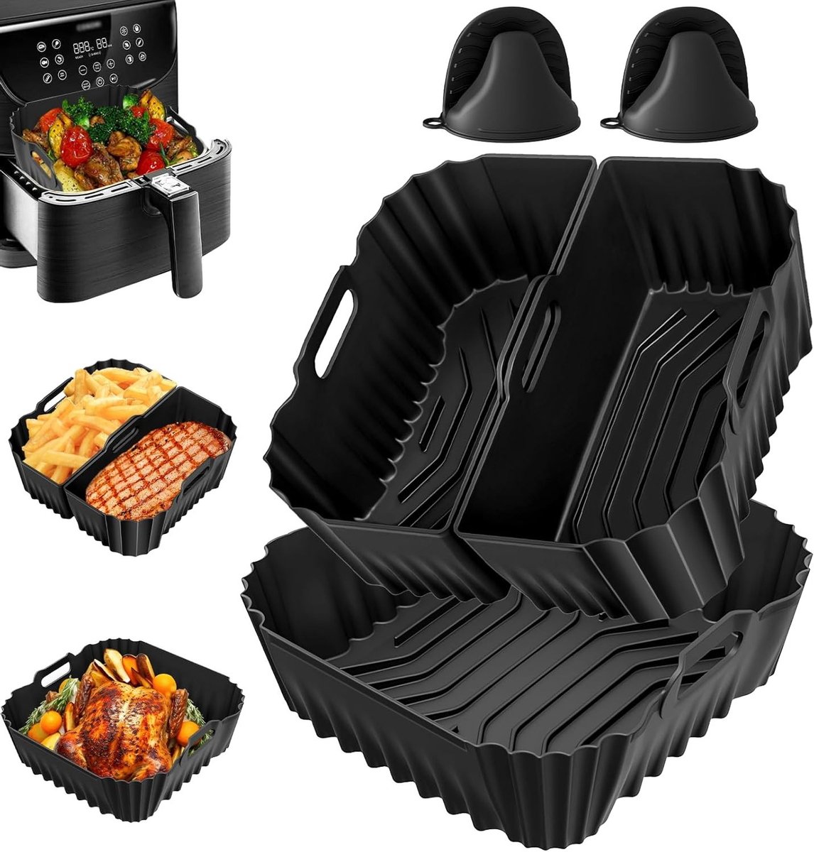 Siliconen bakvormen voor airfryer 6.2 L en 4.7 L, set van 5 herbruikbare en BPA-vrije vormen met ovenwanten, ideaal voor bakken en grillen