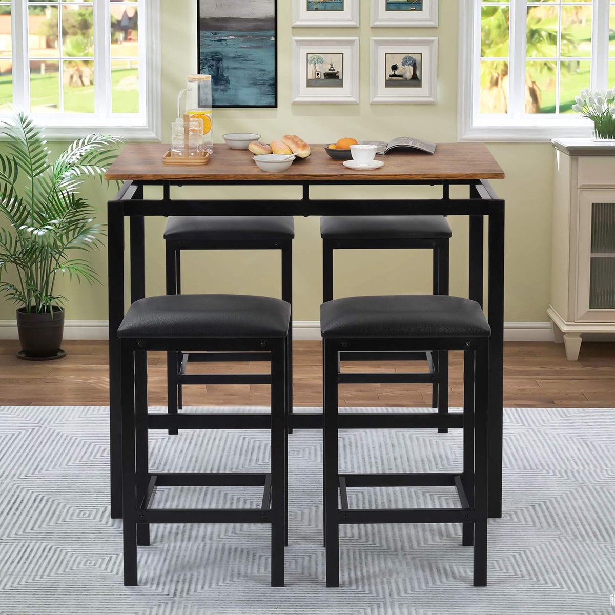 Torino Industrial Luxe Bartafelset met 4 Barkrukken – 100 x 60 x 89 cm – Ruimtebesparende Eetset met Gestoffeerde PU Lederen Zittingen – Moderne Ontbijttafel voor Keuken, Eetkamer en Appartement – Koffiebruin