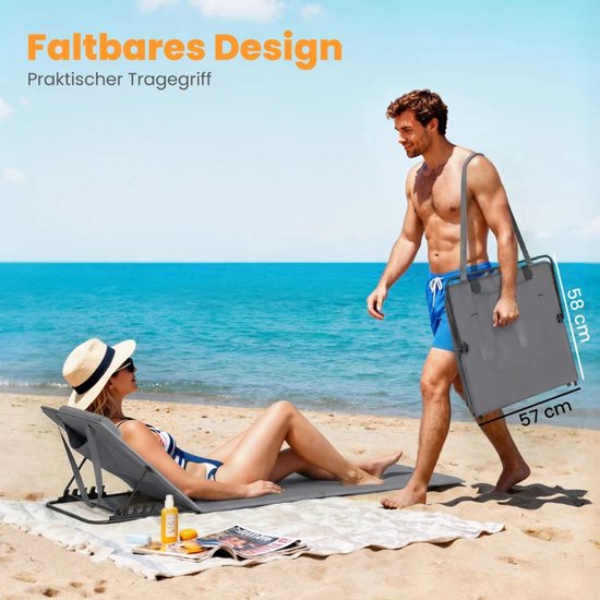 ZYLARO Strandmat Opvouwbaar - Set van 2 Strandmatten - Strandstoel met Hoofdsteun en Opbergtas - Verstelbare Rugleuning in 4 Standen - Lichtgewicht - 154L x 57B x 52H cm - Donkergrijs + Zwart van ZYLARO — afbeelding 3