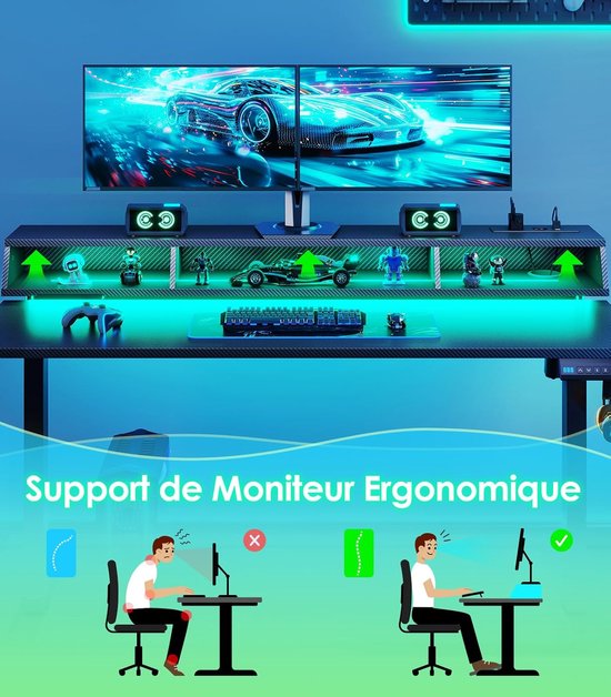 OffiGo Gaming Bureau, 140cm Elektrisch in Hoogte Verstelbaar Bureau met RGB LED & Stopcontacten, Staand Desk met 3 Open Opbergruimtes, Bekerhouder Hoofdtelefoonhaak, Koolstofvezel Tafelblad, Zwart — afbeelding 3