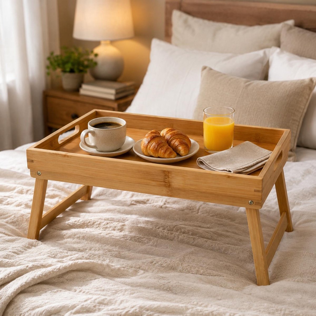 Gerimport Dienblad / serveer butler tray - op pootjes - inklapbaar - bamboe hout - bruin - 47 x 27 x 22 cm - rechthoekig — cadeau in Koken & Dineren - foto 2