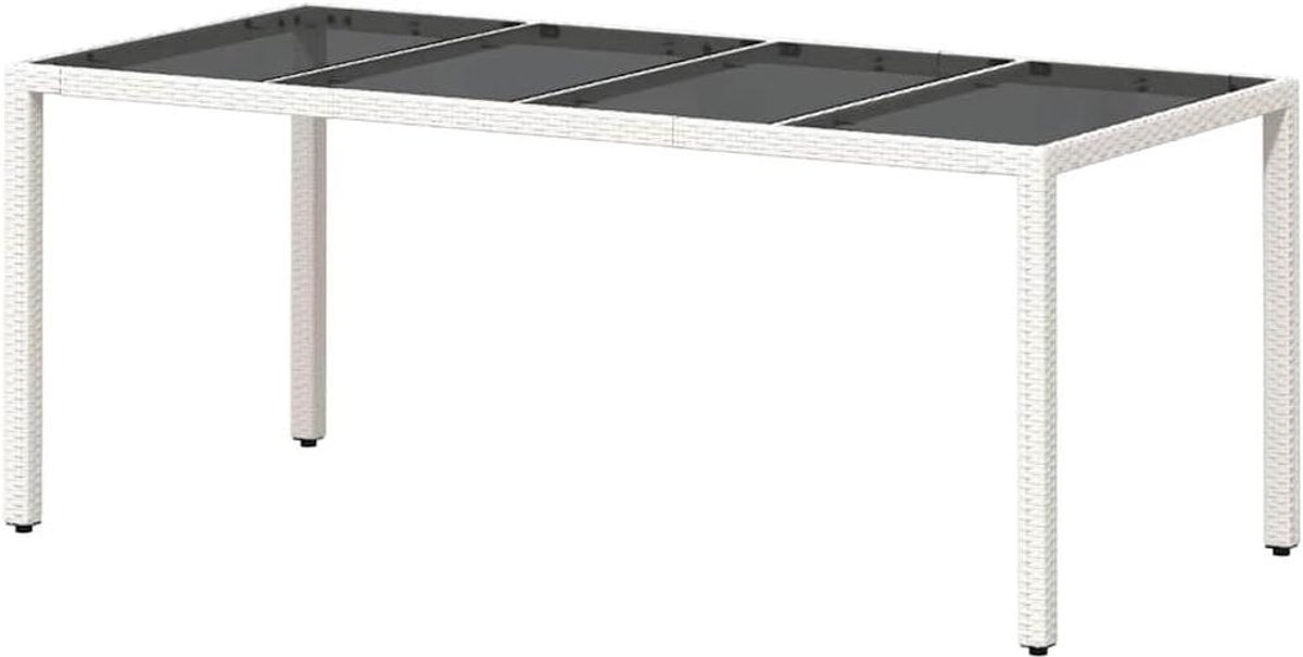 Tuintafel met glasplaat wit en polyrotan frame, buitentafel 190 x 90 x 75 cm voor terras en tuin