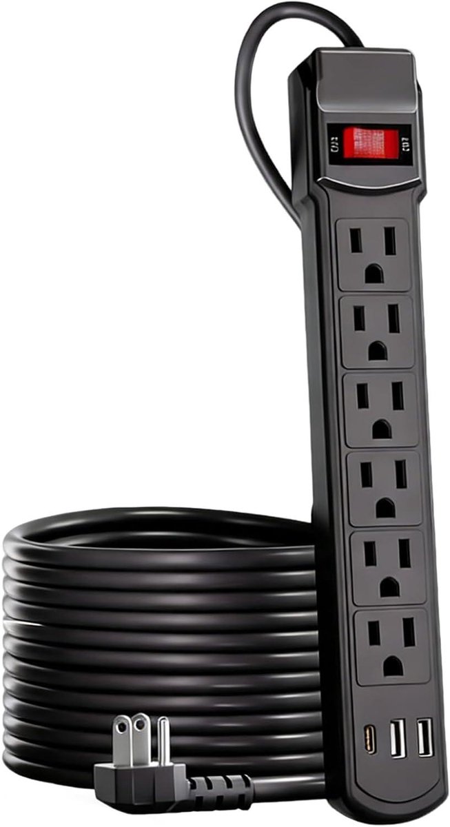 Lange stekkerdoos, oplaadstation, 6 stopcontacten, stekkerdoos met verlengsnoer van 1,5 m, 2 USB en 1 type C, voor huis, slaapkamer, muur, reizen, camper, apparaten