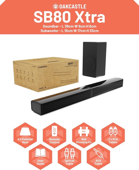 Oakcastle SB80 Xtra Bluetooth Split Soundbar - Afneembare Luidsprekers - Subwoofer - HMDI ARC - EQ-modi — afbeelding 2