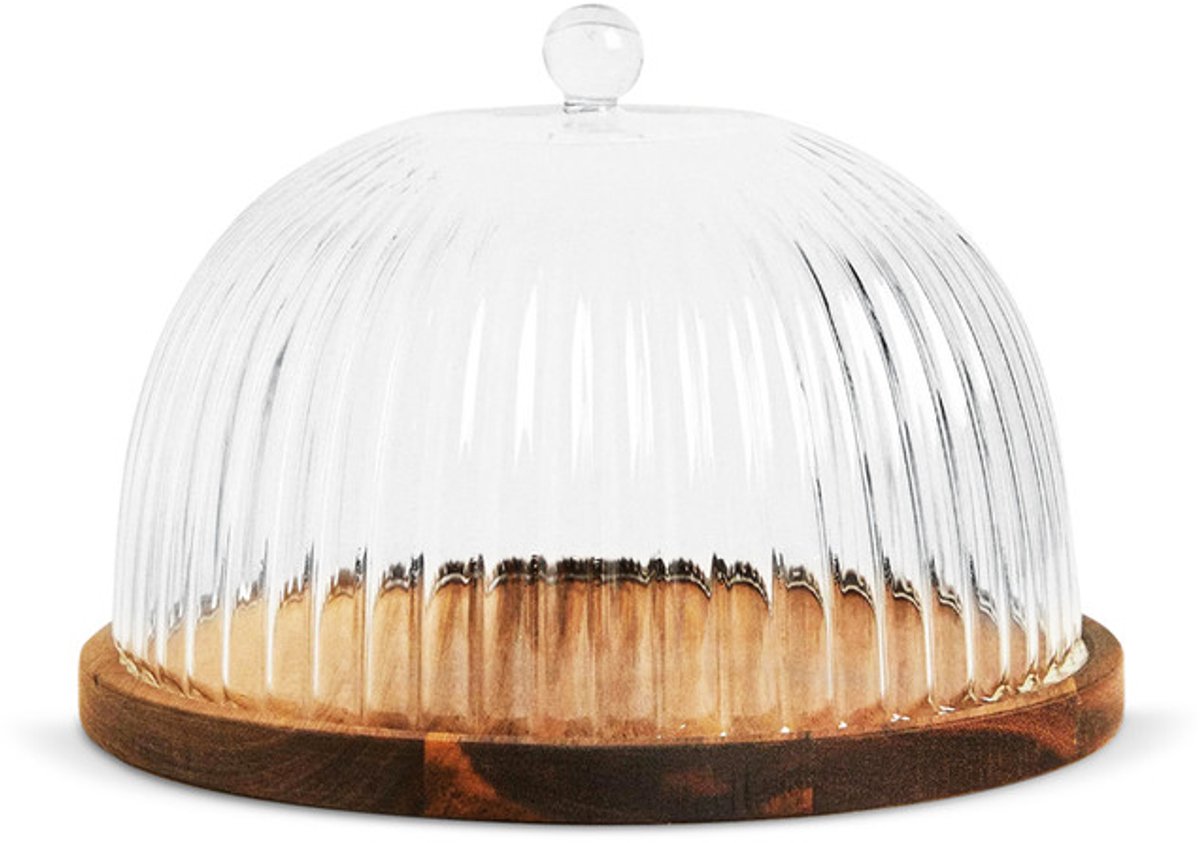 Acaciahouten serveerschaal Linea met borosilicaatglas deksel – Ø 22 cm
