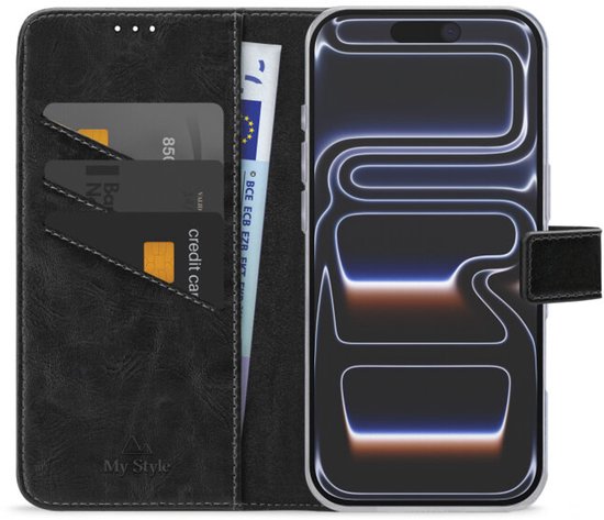 Étui portefeuille noir avec fentes pour cartes, poche pour billets et support de téléphone.