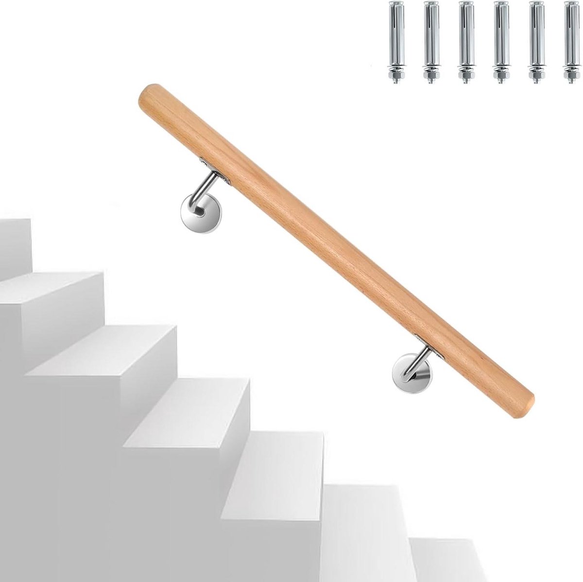 Houten Leuning - Trapleuning Wandsteun - Veilige Traplopen - Antislip Beukenhout - 80 cm 42 mm - Natuurlijk