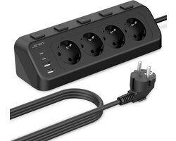 JSVER Hoekstopcontact met Individuele schakelaars,4-voudige Stekkerdoos met 2 USB A- en 2 USB C-poorten, 2 m Tafelstopcontact voor Kantoor en Thuis (Zwart)