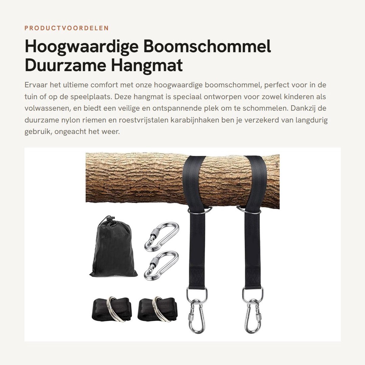 Dailygoods- Boomschommel Hoogwaardige Kwaliteit - Duurzame Nylon Riemen - Roestvrijstalen Karabijnhaken - Draagvermogen 500 kg - Veiligheidsstiksels - 150 cm Lang - Hangmat