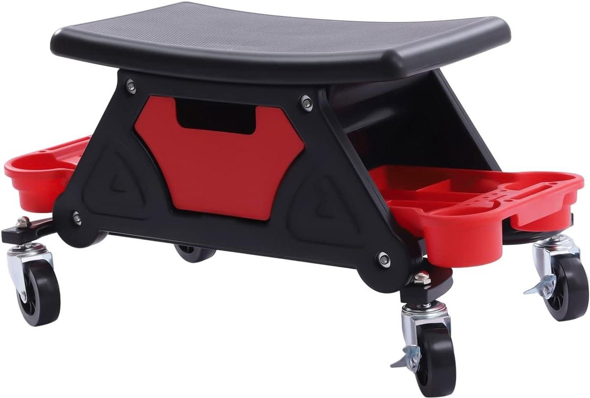 Werkplaatskruk - Monteursstoel rolstoel - Mechanisch repareren - Met opbergvakken - 150 kg draagvermogen - Zwart rood