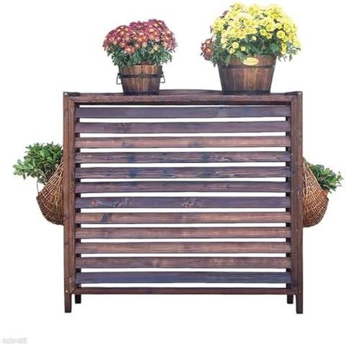 Houten AC Afdekking - Privacy Scherm - Buiten Decoratie - Gecarboniseerd Hout - 115x54x95cm - Bruin