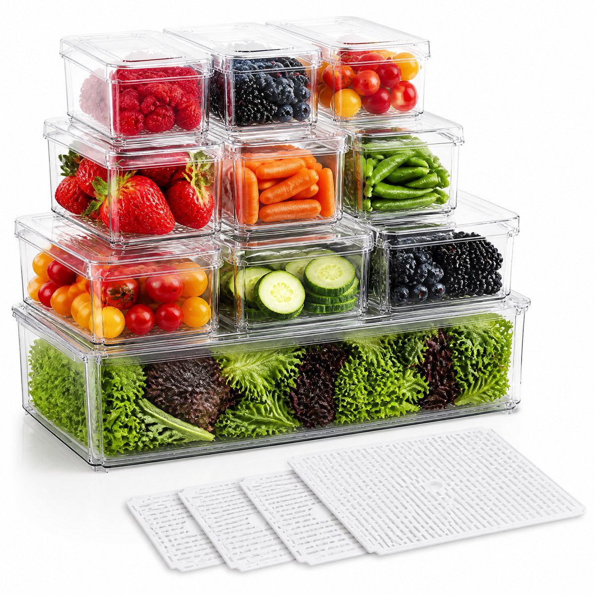 Koelkast Opbergboxen Set van 10 – Voedselbewaarbakjes met Uitlekrooster – Vershoudbakjes voor Groente en Fruit – Transparante Koelkast Organizers – Keuken Opbergsysteem