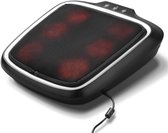 Zwarte voetmassager met een zwarte mesh-afdekking en gloeiende rode massagezones.