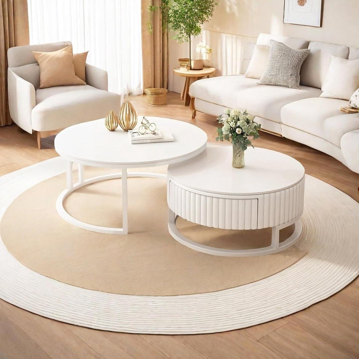 Nesting Tafels Set - Salontafels Rond - Woonkamer Inrichten - Rotsplaat Tafelblad - 50+70c