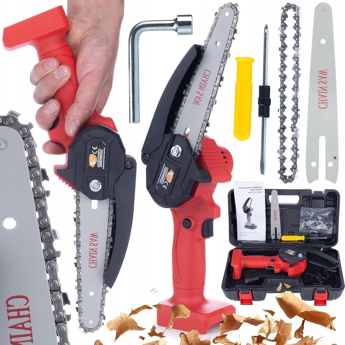 Accukettingzaag - Mini zaag - Houtbewerking Tuin - Krachtig 1200W - 6 inch - Rood