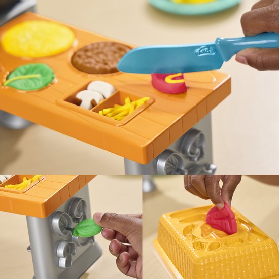 Close-up van Play-Doh keukenspeelset: snijden van groenten, vormen van blad en pizza.