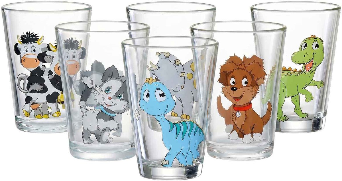 Kindergläser Dino und Hoftiere 200 ml Set van 6