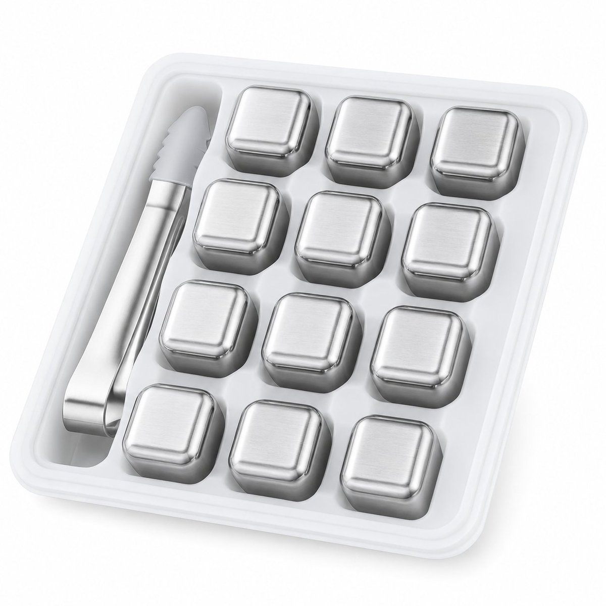My Green Deal – RVS IJsblokjes Set 12-delig – Herbruikbare Whisky Stenen met Tang & Tray – Duurzame Roestvrijstalen IJsblokjes voor Drankjes & Cocktails