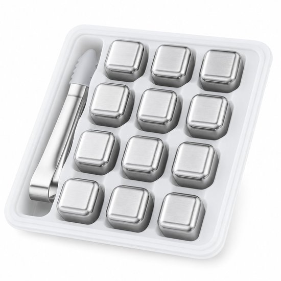 My Green Deal – RVS IJsblokjes Set 12-delig – Herbruikbare Whisky Stenen met Tang & Tray – Duurzame Roestvrijstalen IJsblokjes voor Drankjes & Cocktails