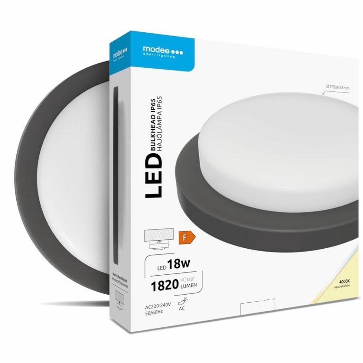 Modee Lighting - LED Bulkhead - 18W 1820lm - 4000K 840 - D195x35mm - IP65 - Zwart