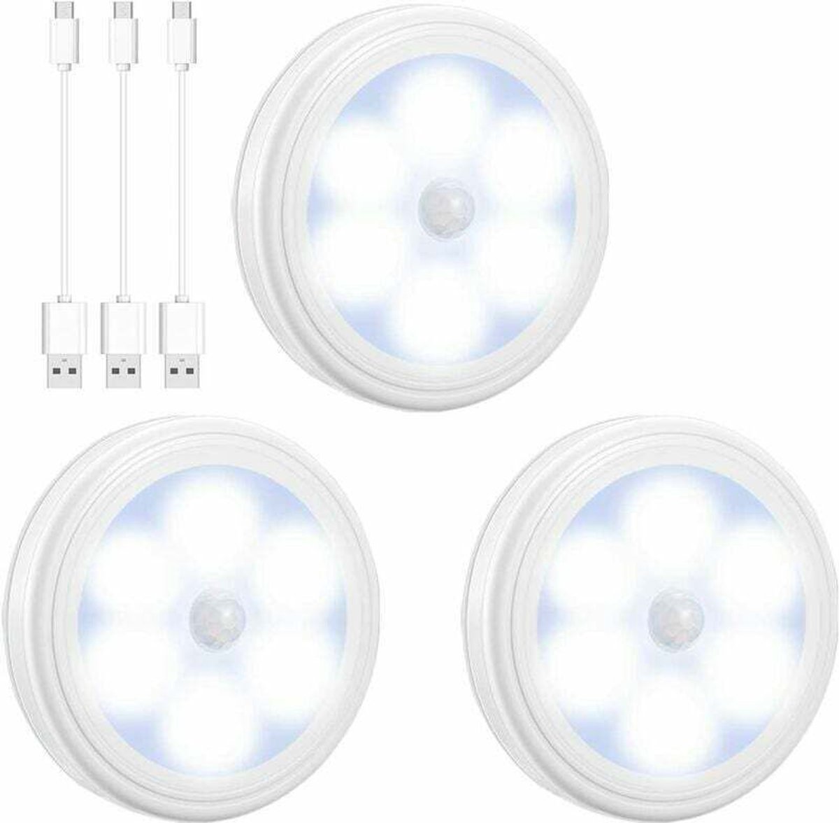 LED-lamp geschikt voor bewegingssensor, USB-oplaadbare kastlamp, 6-LED traplamp, geschikt voor kasten, planken, entrees, garages, keukens en gangen (3-pack, wit).