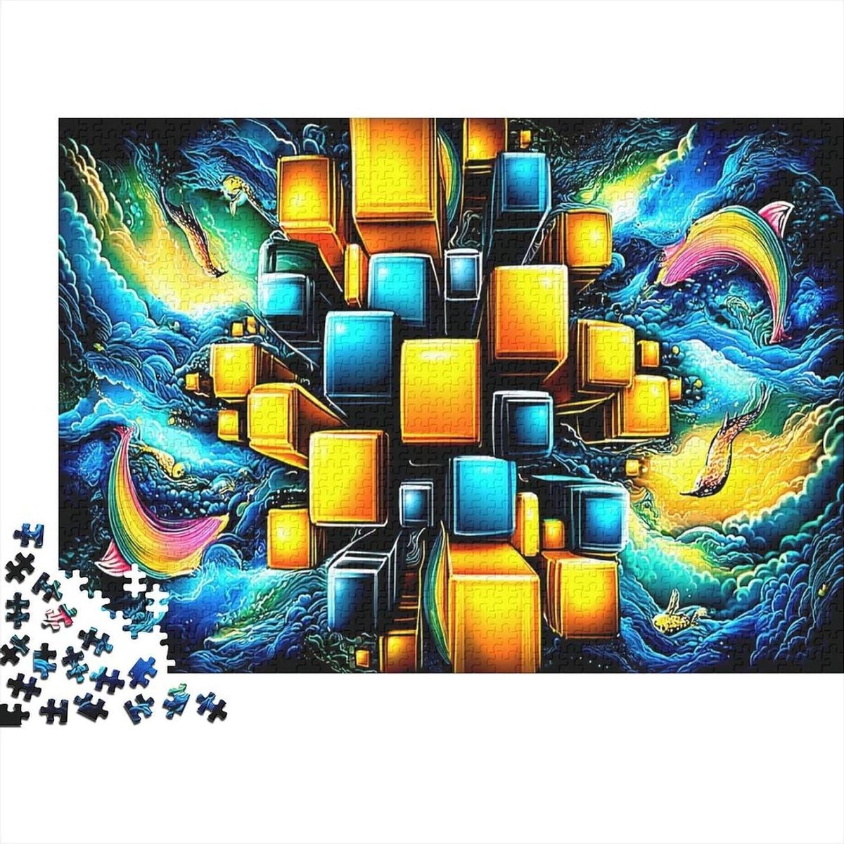 Geometrische Puzzel Dobbelstenen - Papier Puzzel 1000 Stukjes - Wanddecoratie Maken - Nauwkeurig Gesneden Stukjes - 38 x 26 cm