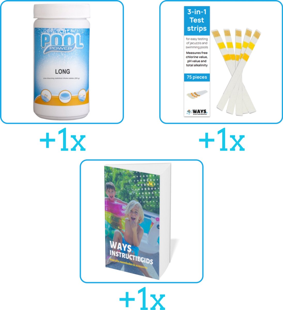 Zwembad Onderhoudspakket - Onderhoud Zwembad - bevat Chloor - Testrips en Zwembadgids (3-delig)