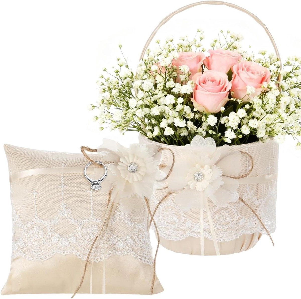 Bloemmand Ringkussen - Bruiloft Set - Ceremonie Aankleden - Rustieke Jute Accenten - 24 x 13 cm - Beige