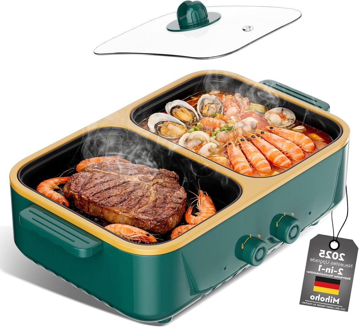Elektrische Hot Pot - BBQ Grill - Samen Koken - Twee Temperatuurzones - 1000 Watt - Groen