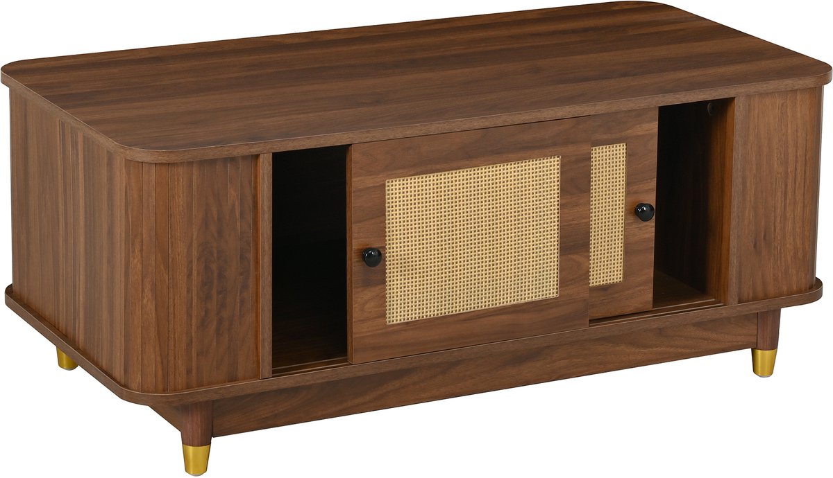 Urban Loft - Serie Metro - Salontafel 100 cm - Met Rotan Schuifdeuren & Afgeronde Hoeken - Notenhout Look & Ruime Opbergruimte