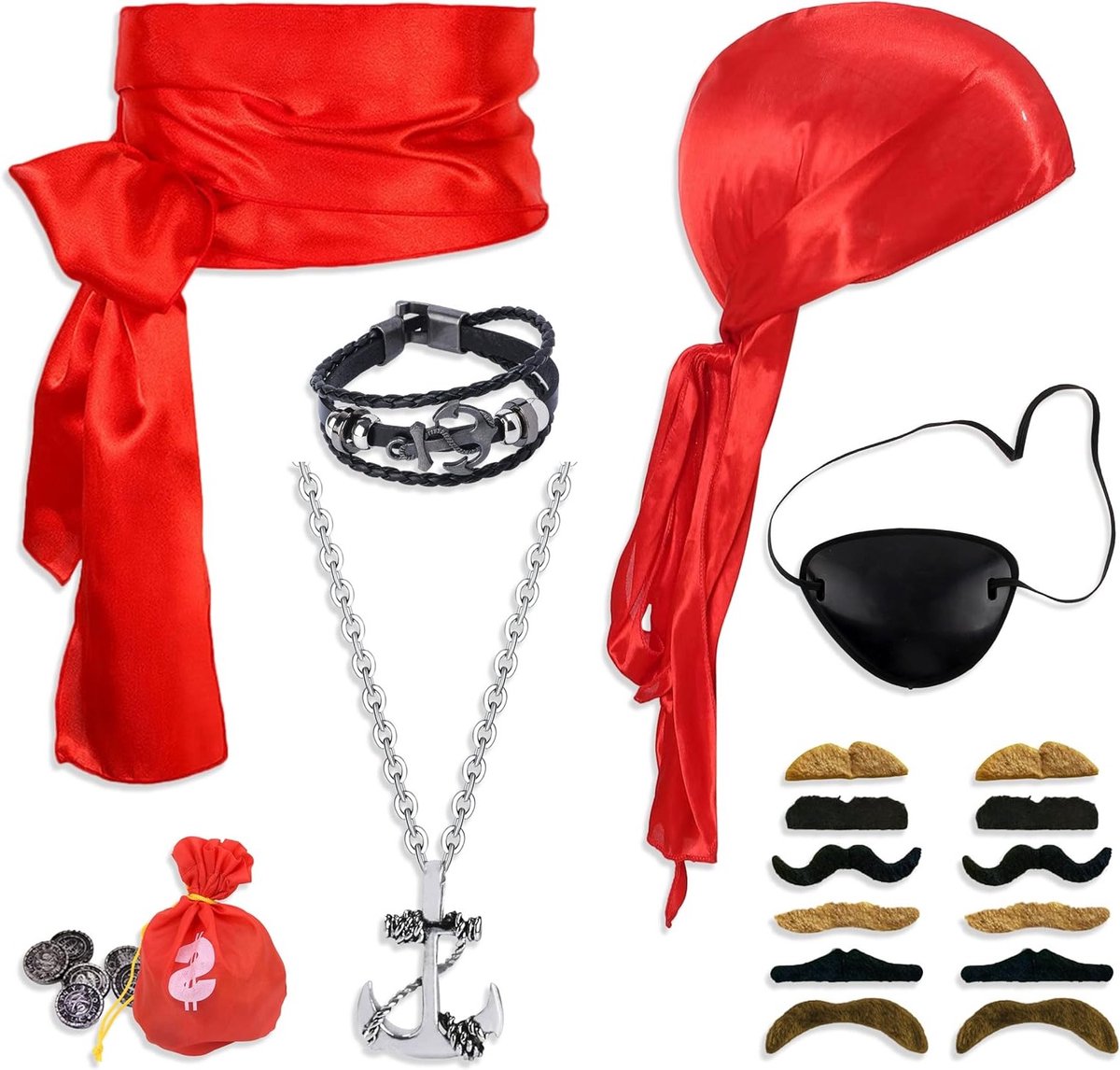 Complete Piratenkostuum Accessoires Set met Bandana, Ooglapje, Ketting, Armband en Neppor, Perfect voor Halloween en Carnaval