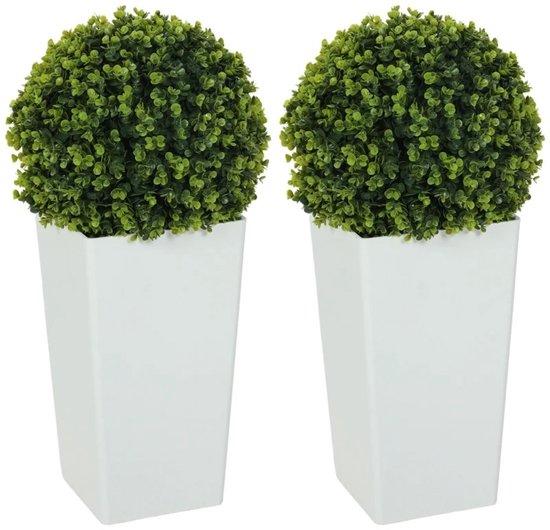 Twee kunstplanten, elk een groene buxusbol in een witte vierkante pot.