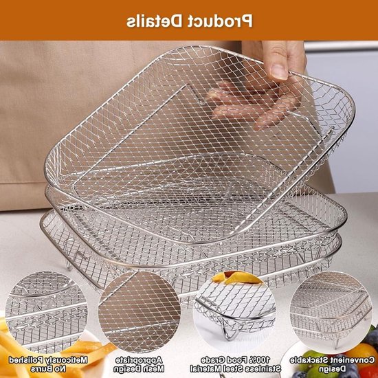 Set van 3 Stapelbare Airfryer Racks met Siliconen Voeten en Tweezer - Ideaal voor Koken, Bakken en Grillen in de Airfryer, 20cm RVS Accessoires — afbeelding 3