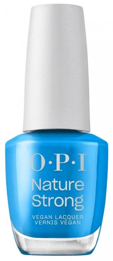 OPI Nature Strong nagellakflesje met helderblauwe lak. De dop is wit. Tekst op flesje: O.P.I. Nature Strong VEGAN LACQUER.