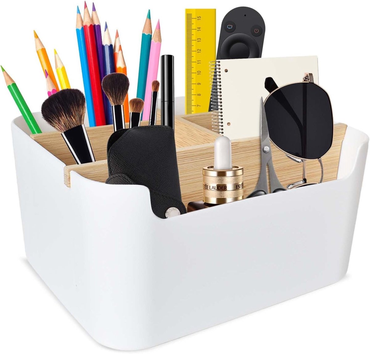 Multifunctionele Bureau Organizer met 5 Compartimenten, Verwijderbare Houten Vakken voor Pennen, Cosmetica en Kantoorbenodigdheden (Wit)