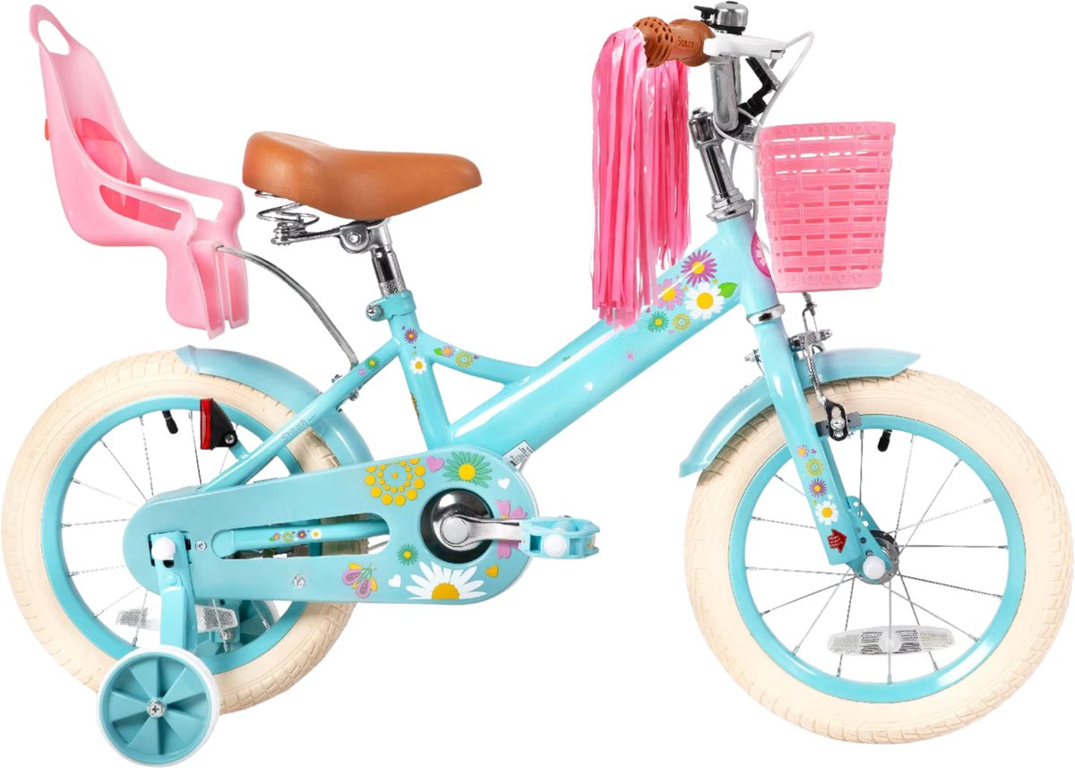 Happiq Kinderfiets – Voor en – Met d bel extra wielen en poppenzitje leuk verjaardagscadeau – Blauw 30 cm