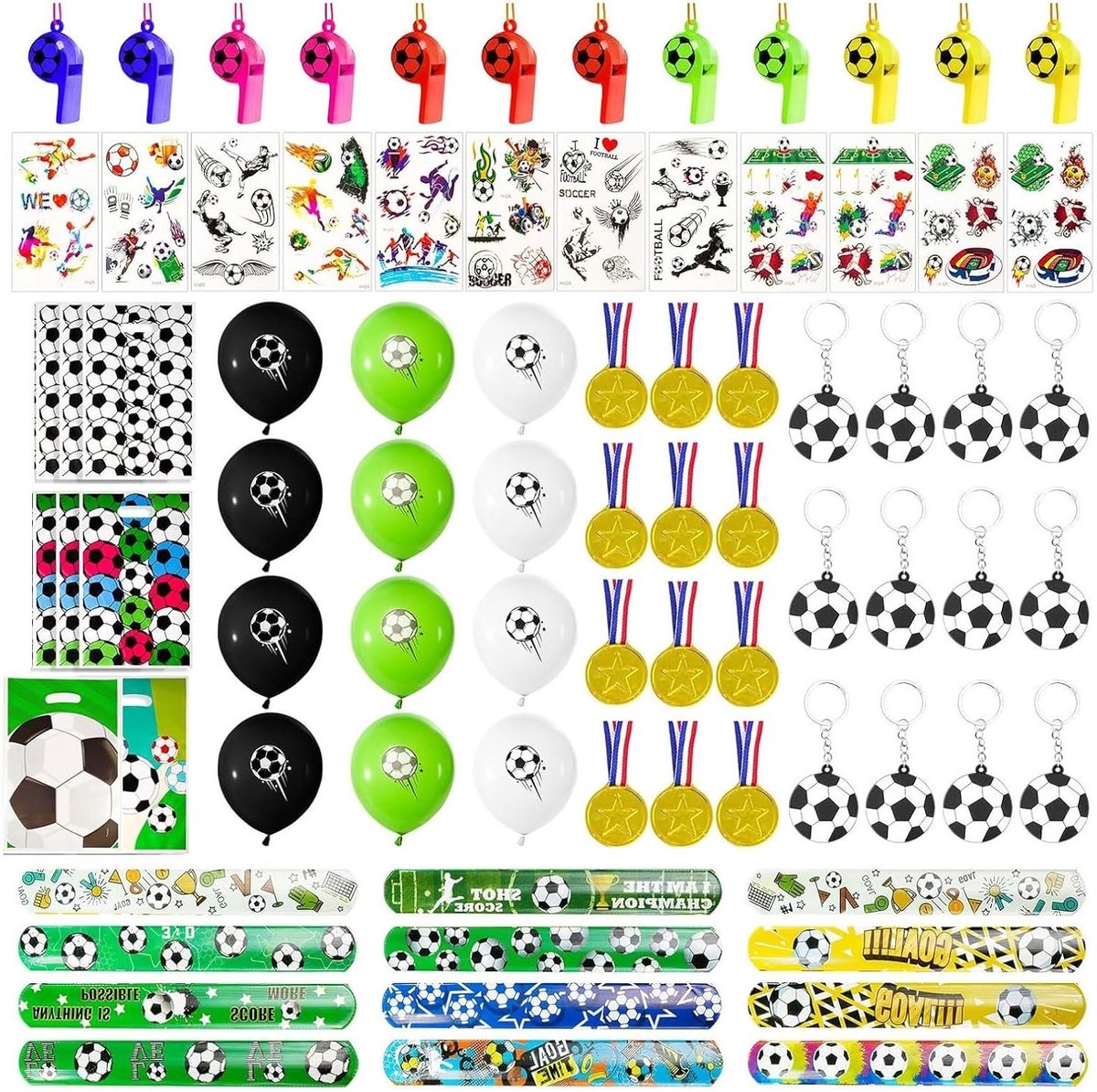 Verjaardagsfeest Versiering voor Kinderen met Voetbalthema: Medailles, Ballonnen, Sleutelhangers, Fluitjes, Tatoeages en Cadeauzakjes