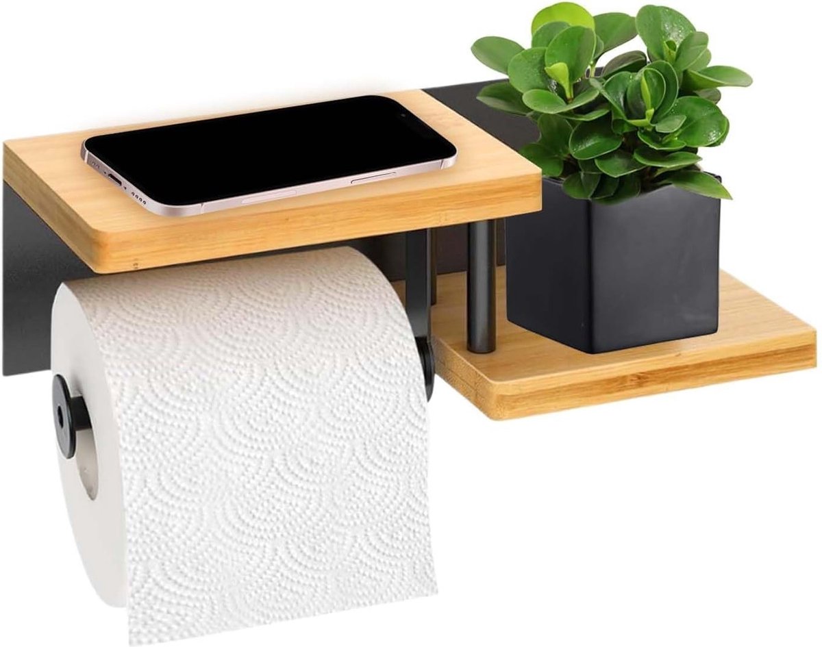Toiletpapierhouder van Bamboe - Houten Toiletpapierhouder voor Keuken en Badkamer met Opbergruimte en Scheidingswanden