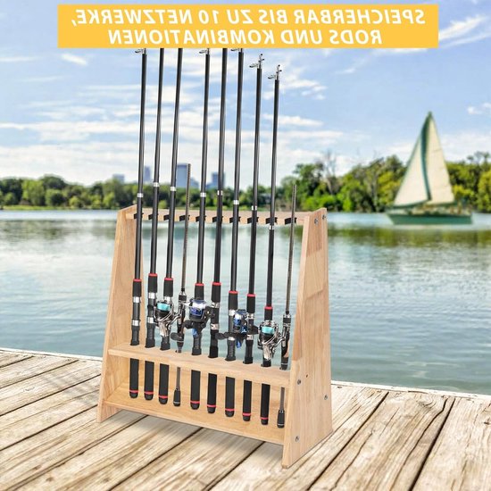 Houten hengelstandaard voor 10 hengels met montageaccessoires - 60 x 18 x 58 cm, duurzaam en praktisch van houten — afbeelding 3