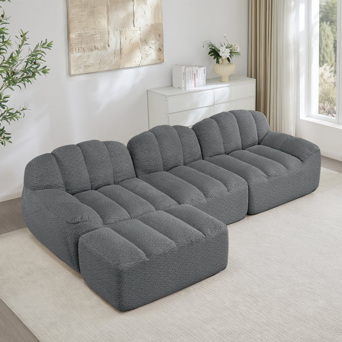 FloraGrace Hoekbank – 3-Zits Modulaire Bank Met Ottoman – Diepe Zitting & Frameloos Comfort – Woonkamer – Fleece – Grijs