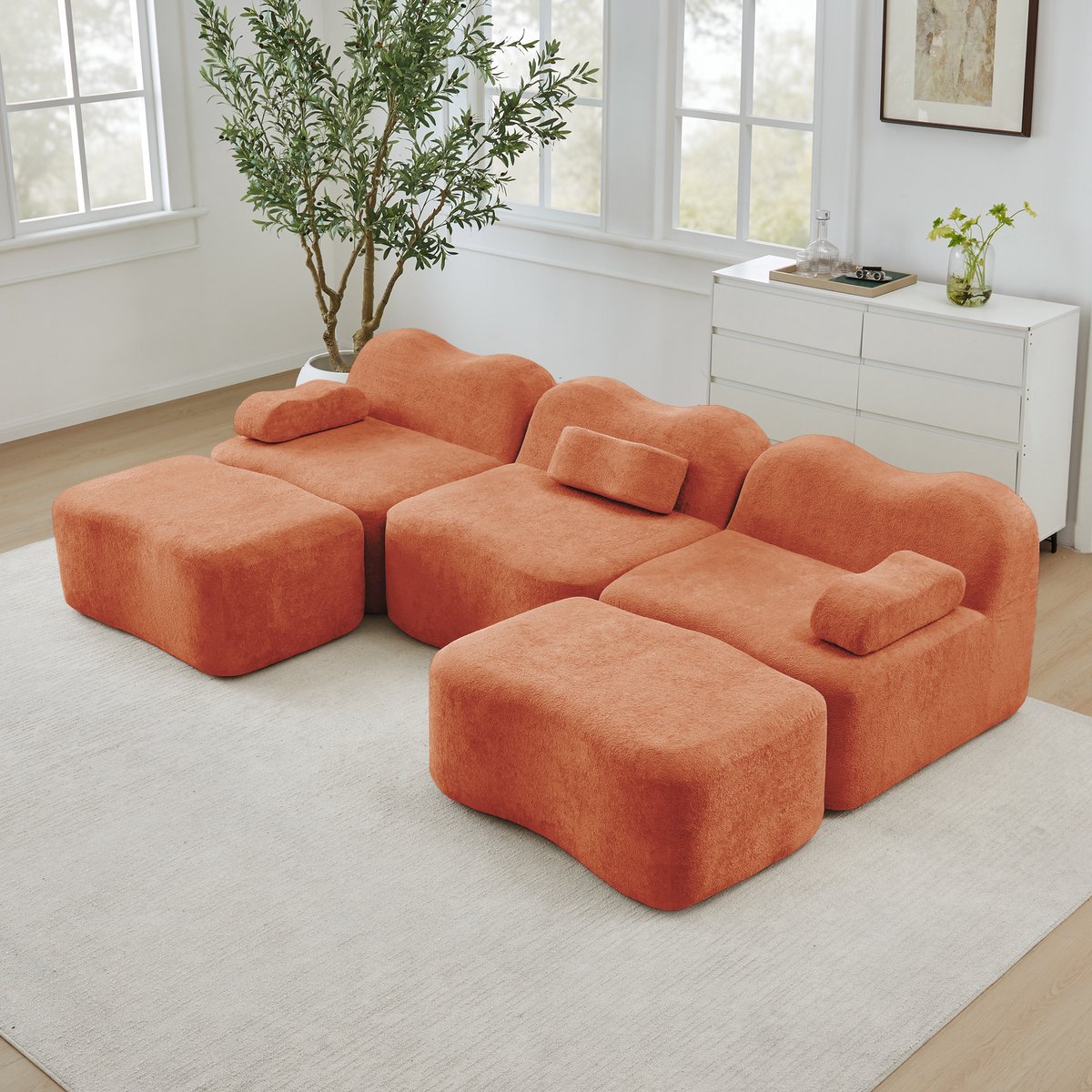 FloraGrace Hoekbank U-Vorm - 3-Zits Modulair Bankstel Met 2 Hockers - Diepe Zitting - Fluw