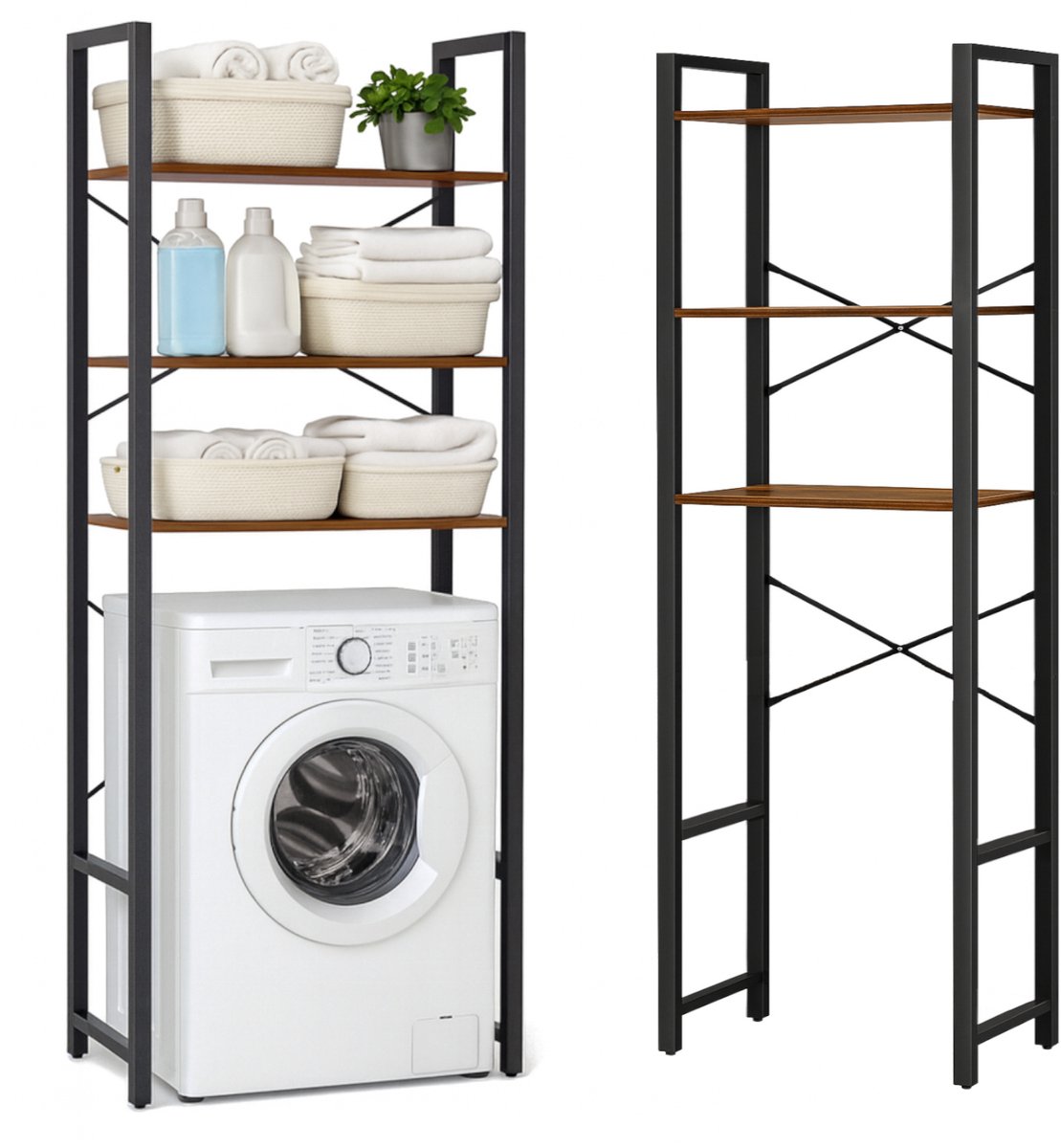 BEGRYF - Wasmachinerek - metaal en houtlook - rustiek bruin - 2-in-1 - 66x30x186 cm