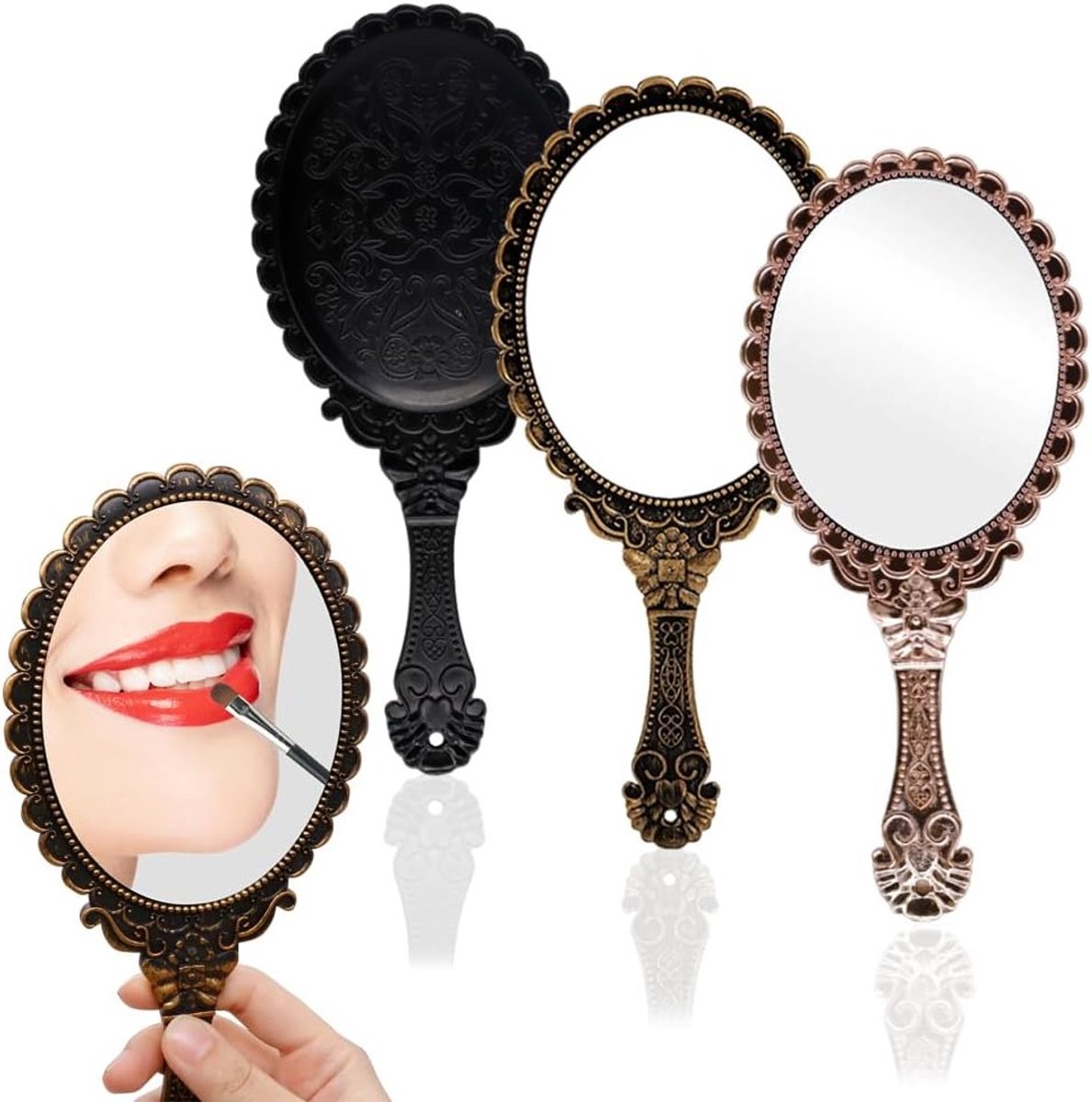 Pack of 3 Pocket Mirror - Hand Mirror - Makeup Mirror with Handle - Retro Mirror - Flower Design - Vintage Mirror - Compact - Portable - One-Sided Oval Mirror for Travel Agency - Reizen - Accessoires