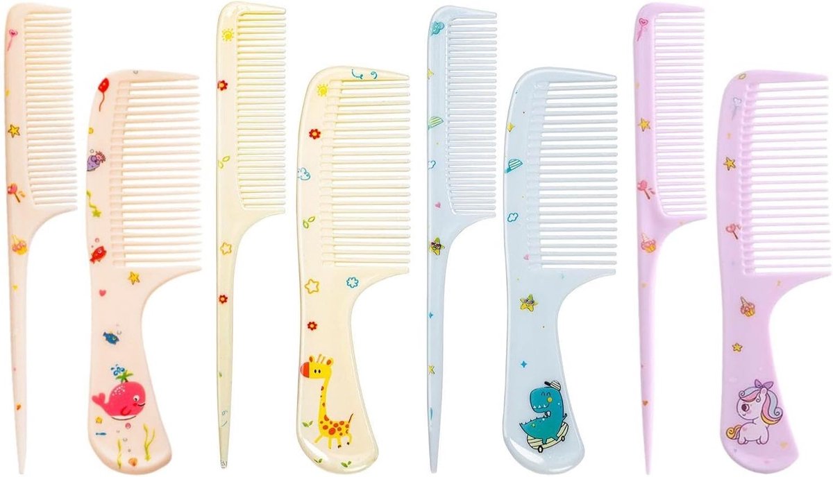 - 8pcs Cartoon Cute Kids Combs - Portable Plastic Long Handle Hairstyle Tools