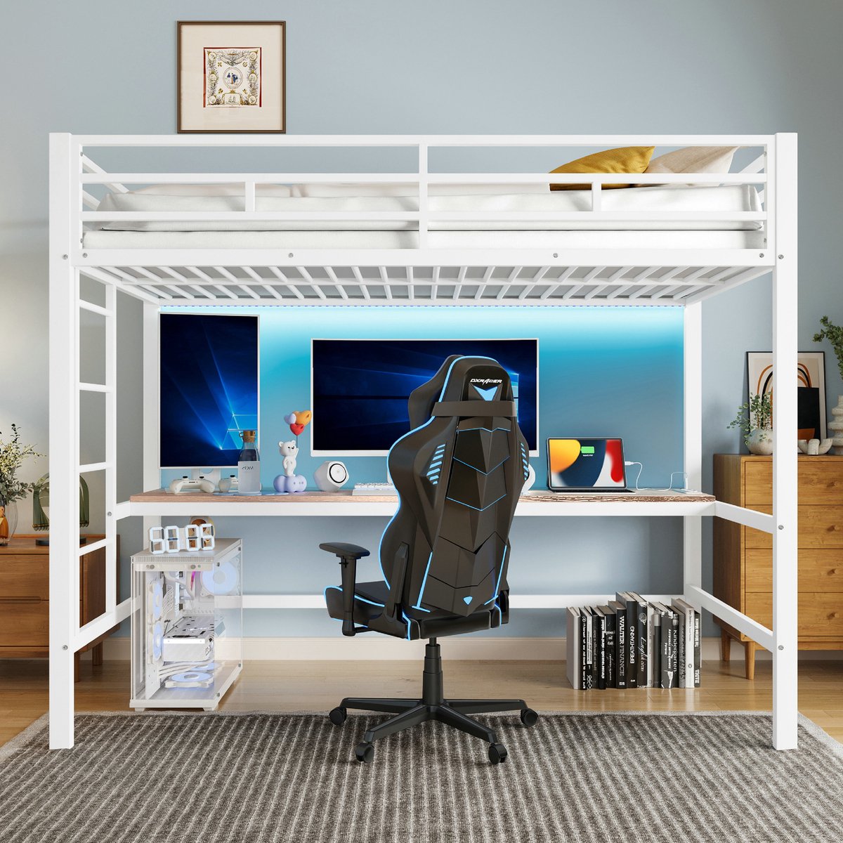 VVBV Hoogslaper 90x200 / Kinder hoogslaper – met Trap, LED-Verlichting, USB, USB-C, Ladder – Metaal – Wit – Zonder Matras – Metalen Frame