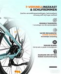 Gedetailleerde foto van de aandrijflijn van een lichtblauwe e-bike, met tekst over 7-versnellingsbak en schijfremmen.