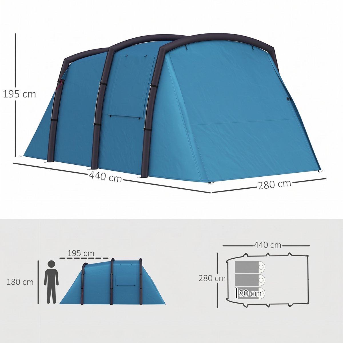 Familietent - Opblaasbare tunneltent - Buitentent - Aufblasbares Campingzelt 3-6 Personen - Met zijramen en deur - Opblaasbare constructie - 4,4 x 2,8 x 1,95 meter - Zonbescherming - Waterdicht - Blauw – foto 7