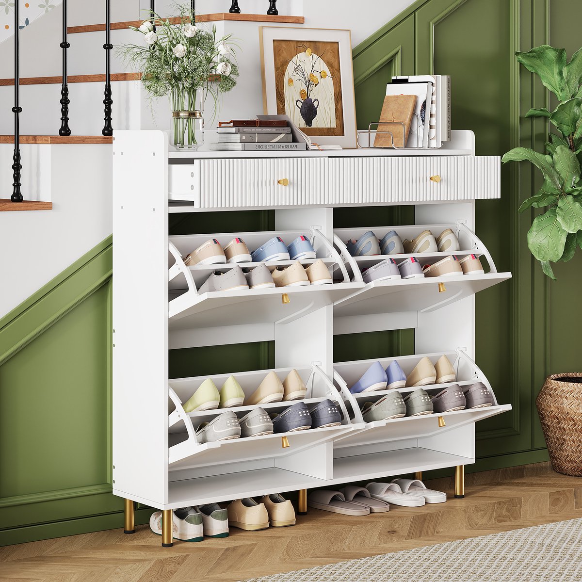 MODENUIT Schoenenkast - Smal Met 4 Klepvakken En 2 Laden - Voor Hal En Slaapkamer - MDF En Spaanplaat - Wit