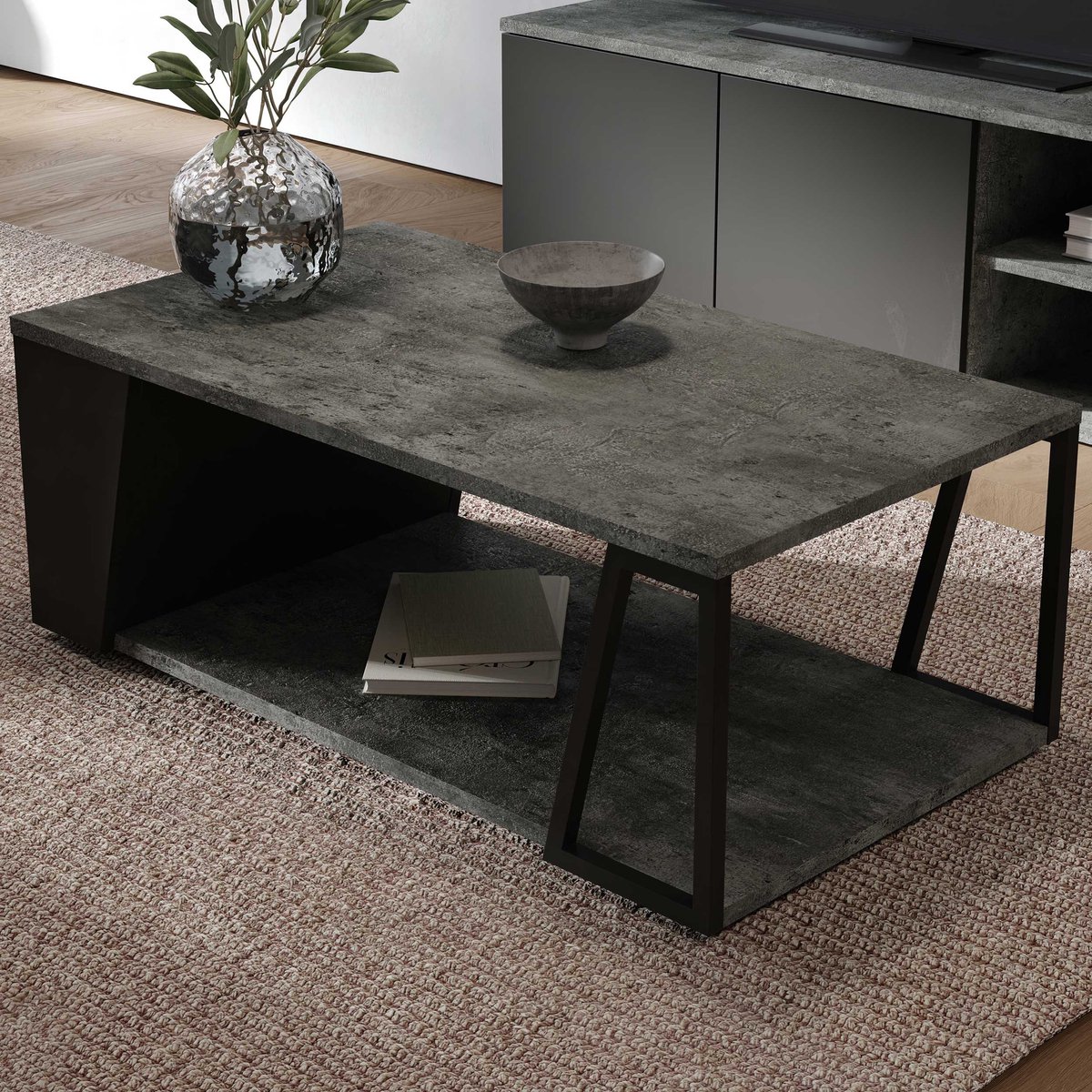 Salontafel Albérique 1 Open Vak En 1 Opbergvak Aan De Zijkant-Beton/matzwart
